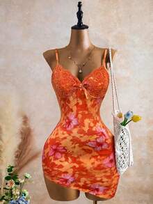 INAWLY Vacation Floral Patchwork Print Asymmetric Hem Bodycon Mini Cami Dress - Orange - View 1