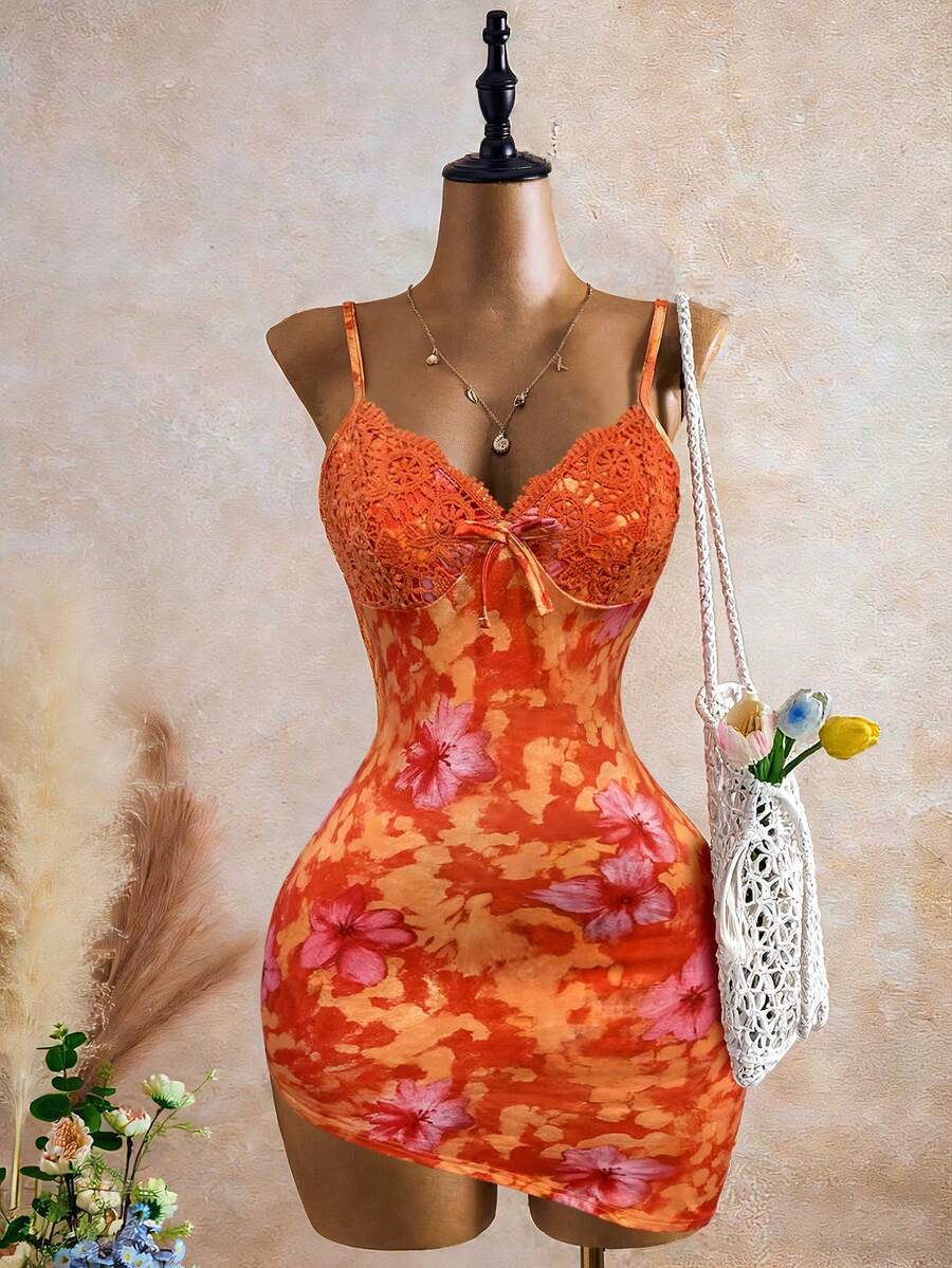 INAWLY Vacation Floral Patchwork Print Asymmetric Hem Bodycon Mini Cami Dress - Orange - View 1