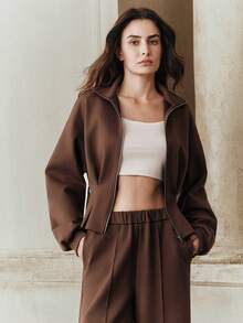 Anewsta 女士优雅上衣，都市时尚简约长袖可调节收腰卫衣 - 咖啡棕 - 查看 4