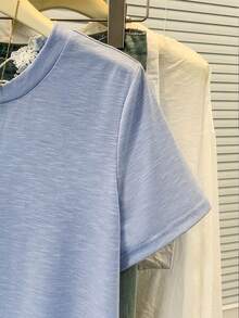 Resyla 女士撞色蕾丝V领短袖休闲上衣 - 藍色 - 查看 7