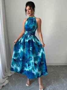 Modelyn 女士蓝色扎染印花无袖吊带腰部系带A字连衣裙 - 綠色 - 查看 5