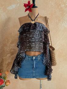 Soleia 春夏新款休闲度假西部海滩婚礼宾客礼服毕业早午餐连衣裙，圣帕特里克节春假复活节音乐节优雅波西米亚热带露背夸张荷叶边金属花卉印花豹纹女式吊带背心 - 彩色 - 查看 4