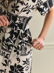 Écloséra Đầm đen thanh lịch ôm dáng, in hoa, thắt eo, cổ tàu, thích hợp cho mùa xuân/hè dành cho nữ. - màu đen - Xem 5