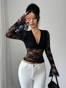 Elenzga Women's Elegant Sexy Sheer Lace Flare Sleeve Blouse - Black - View 5