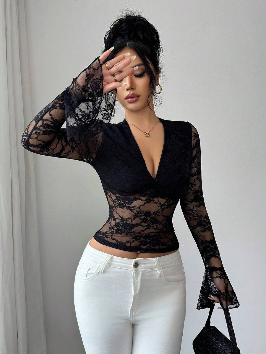 Elenzga Women's Elegant Sexy Sheer Lace Flare Sleeve Blouse - Black - View 1