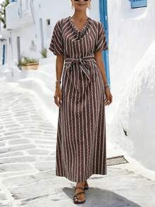 Breezaya 女士度假休闲优雅立领短袖系腰印花长连衣裙，棕色 - 棕色 - 查看 9