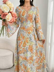 Al Najma 女士花卉V领喇叭袖优雅阿拉伯风格连衣裙 - 橘色 - 查看 5
