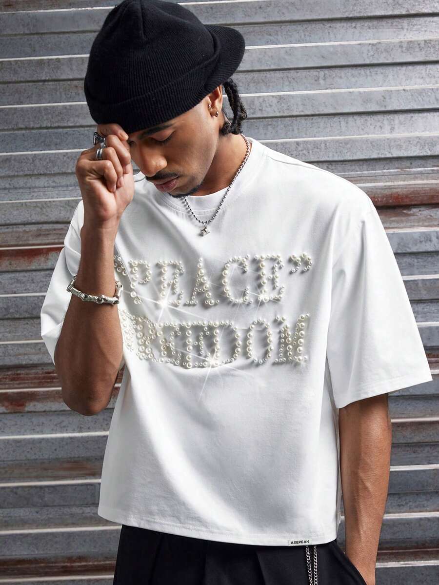 AXEPEAK Men's Casual Faux Pearl Studded Letter Graphic Short Sleeve T-Shirt, Summer - White - View 1