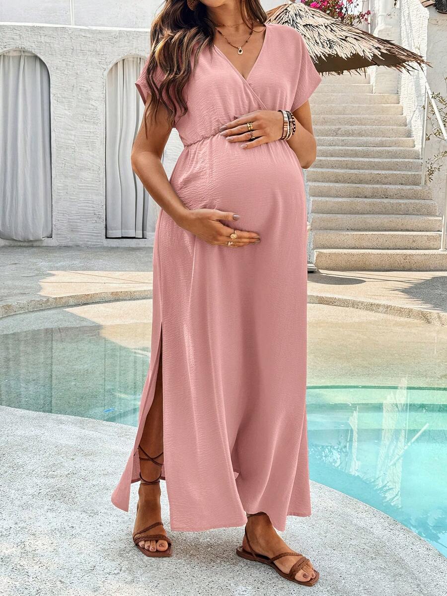 SHEIN Maternity Casual Solid Color Side Slit Dress - Baby Pink - View 1