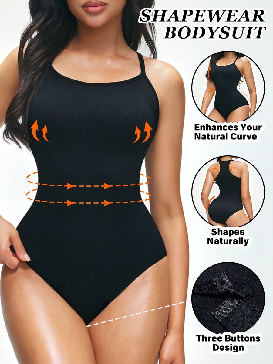 SHEIN 女士无缝塑身衣纯色收腹瘦身连体衣 - 黑色 - 查看 1
