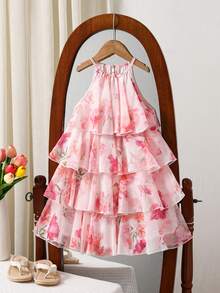 SHEIN 少女无袖碎花荷叶边下摆休闲连衣裙 - 淺粉色 - 查看 6