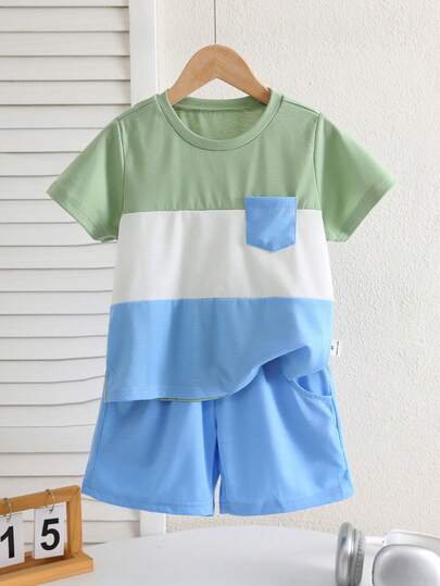 SHEIN Set de 2 piezas Camiseta de cuello redondo casual y versátil con bolsillo de contraste y pantalones cortos para niños pequeños, adecuado para primavera/verano, uso diario, deportes, salidas, escuela, reuniones, festivales, actuaciones y sesiones de fotos