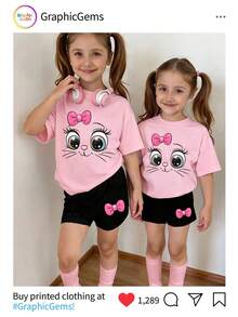 2件套女童时尚可爱蝴蝶结小猫印花圆领短袖T恤上衣和短裤套装，春夏款，粉色上衣搭配黑色短裤，适合休闲外出穿着 - 彩色 - 查看 7