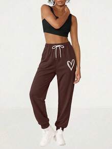 大码女式爱心印花抽绳腰带口袋休闲运动裤 - 棕色 - 查看 4