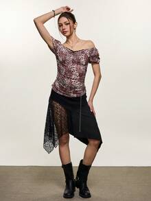 INAWLY Women's Leopard Print Contrast Lace Puff Sleeve Fitted T-Shirt, Summer - Multicolor - View 6