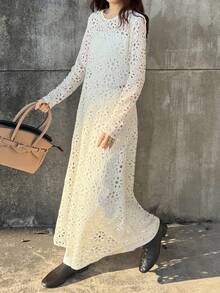 FRIFUL Women's Solid Beige Sheer Lace Fabric Layered Flared Loose Casual Dress,Wedding Guest Dress Women - Beige - View 4