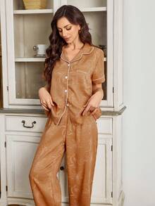 新款女士仿刺绣印花短袖长裤开衫睡衣套装，春夏款 - 彩色 - 查看 5