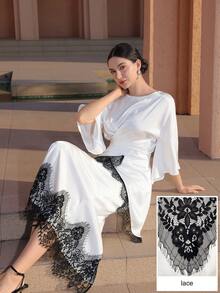 Graceveil Conjunto de top y falda con mangas acampanadas de encaje elegante con contraste, volantes en la cintura y bajo asimétrico, adecuado para citas de primavera y otoño - Blanco y Negro - Ver 3