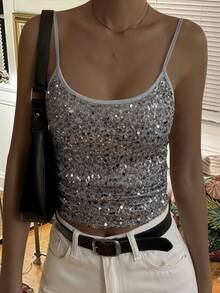 DAZY Áo hai dây ôm sát màu trơn đính sequin dành cho nữ, thời trang cho các dịp tiệc tùng. - Xám - Xem 7