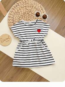 Mommy And Me Matching Casual Striped Short Sleeve Knit Elastic Round Neck Dress, Summer - Black - View 7