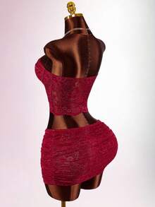Amplova Bộ đồ hai mảnh ren xương cá gợi cảm dành cho nữ, áo crop top và chân váy ngắn, trang phục thời trang phù hợp cho buổi hẹn hò ngày Valentine, áo quây hở lưng quyến rũ. - Màu Đỏ Sâu - Xem 7