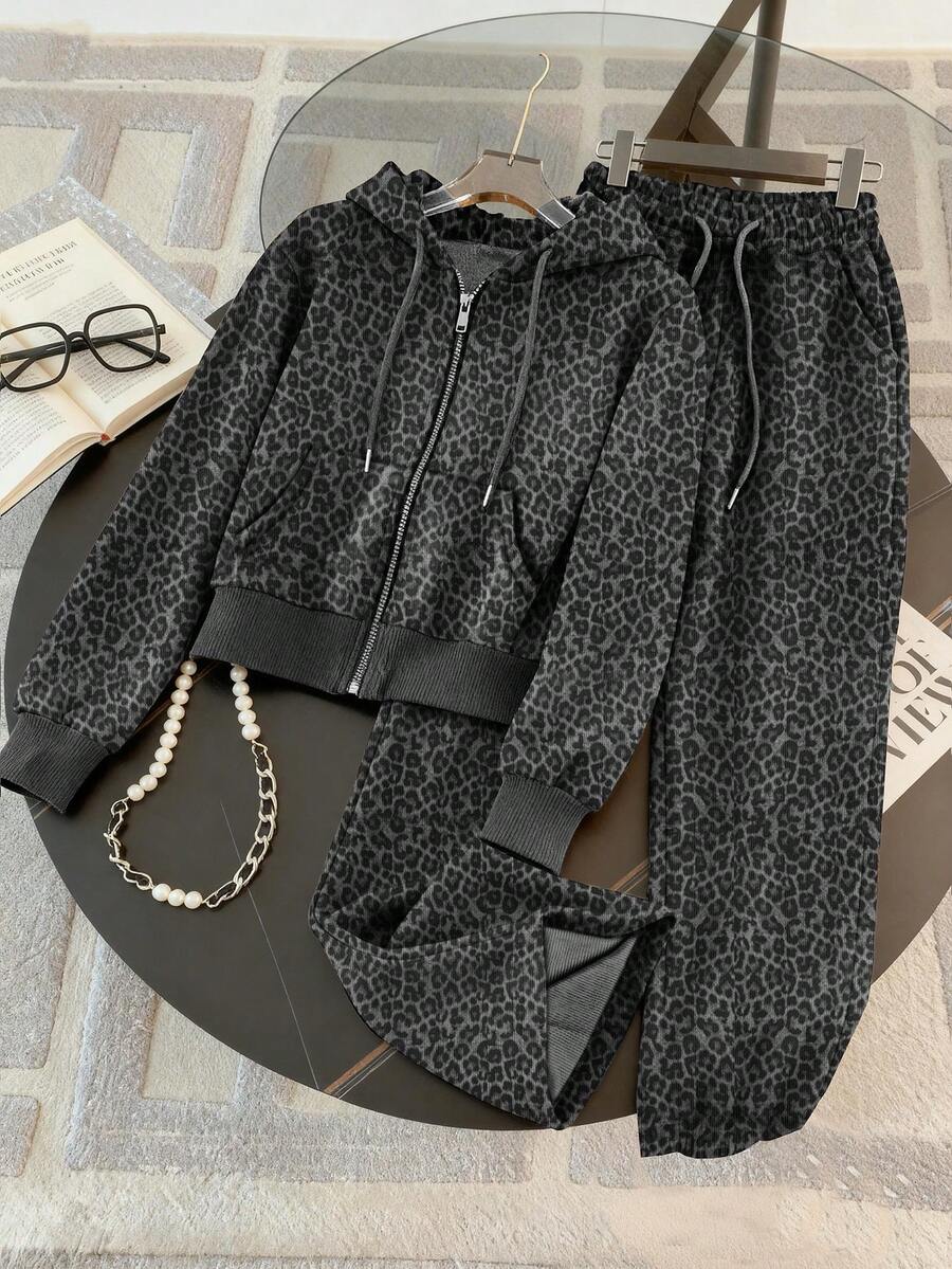 Resyla 2pcs Leopard Print Digital Pattern Casual Hoodie Set, A Gift For Friends - Dark Grey - View 1