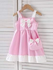 女童蝴蝶结荷叶边下摆夏季连衣裙，1件装 - 粉色 - 查看 7