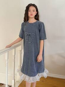 DAZY Tween Girls' Round Neck Bow Embroidered Petal Sleeve Top - Blue - View 1