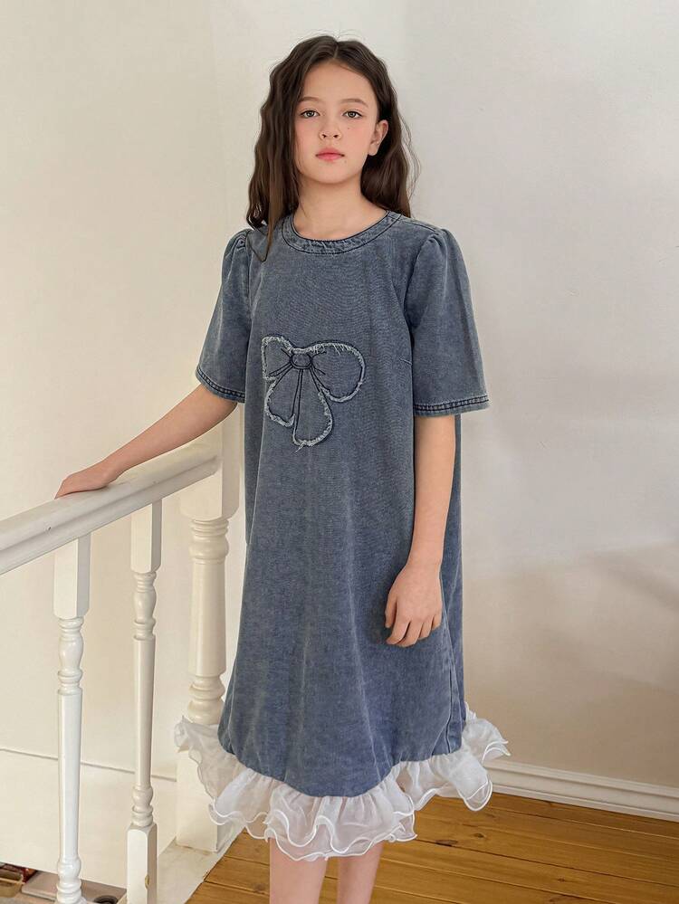 Girls' Round Neck Butterfly Embroidered Petal Sleeve Top
