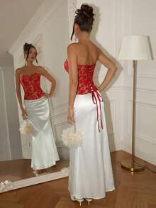 Glamine Charm Women's Elegant Floral Embroidered Mesh Tube Top, Summer Corset Top Red Lace Bustier Top Strapless Lace Top - Red - View 5