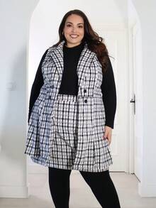Pretty and Ole Bộ 2 món cho nữ cỡ lớn: Áo vest kẻ caro + Chân váy chữ A, thanh lịch khi đi làm và đi làm hàng ngày - Đen và trắng - Xem 4