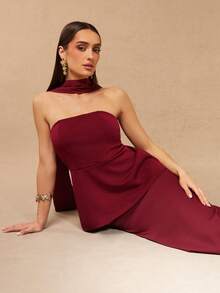 Silquee 两件套浪漫纯色红色、酒红色、亮红色短款吊带连衣裙，搭配荷叶边迷你裙，鱼尾裙摆设计，适合外出、毕业典礼、音乐会、伴娘礼服、婚礼及其他浪漫场合，简约风格，优雅日常穿着，伴娘礼服，晚宴、俱乐部、正式派对、浪漫约会装扮 - 酒紅色 - 查看 7