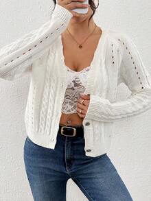 Ritzy Row 女士V领镂空条纹针织开衫，带纽扣，短款 - 杏色 - 查看 1