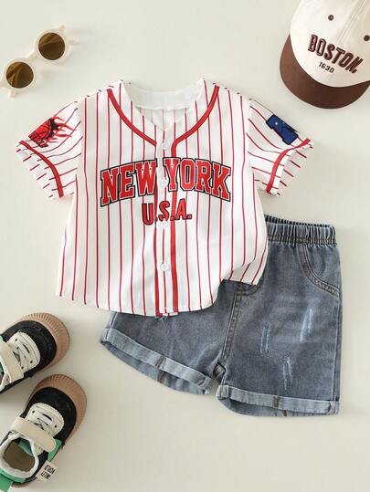 SHEIN Baby Boy Casual Striped Letter Graphic Loose Fit Short Sleeve Top, Versatile For Summer, Spring Outdoor, Sports, Travel And Vacation