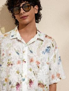 Felipe Marques Men's Floral Hollow Out Short Sleeve Loose Shirt, Casual For Island Resort, Party, Beach In Spring, Summer, Autumn - Multicolor - View 3