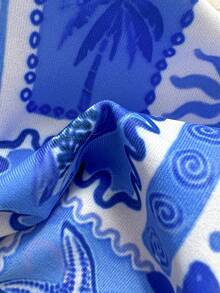 Soleia Peacock Blue Knit Metallic Thread V-Neck Shell Chain Decor Tie-Up 2 Pieces Bikini Set For Beach Vacation - Baby Blue - View 7