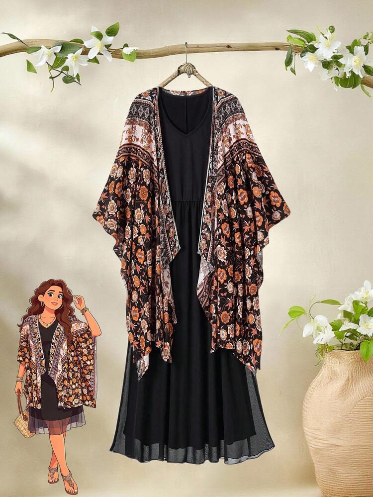 Ensemble deux pièces pour femmes grande taille : veste kimono simple à imprimé campagne et robe noire