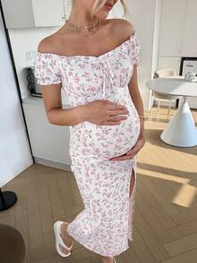 SHEIN Maternity Summer Vacation Style Ditsy Floral Off-Shoulder High Slit Hem Fitted Nursing Dress Maternity Dress Baby Shower Babyshower Dress Pregnancy Photoshoot Dress Bridal Shower Dress Sexy Maternity Dress - Multicolor - View 2
