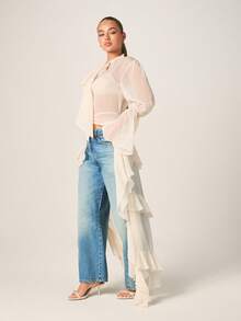MISSGUIDED Blusa com Babados, Bainha Assimétrica, Amarração na Frente, Mangas Sino e Detalhe de Laço para Ocasiões Especiais - Damasco - Visão 5