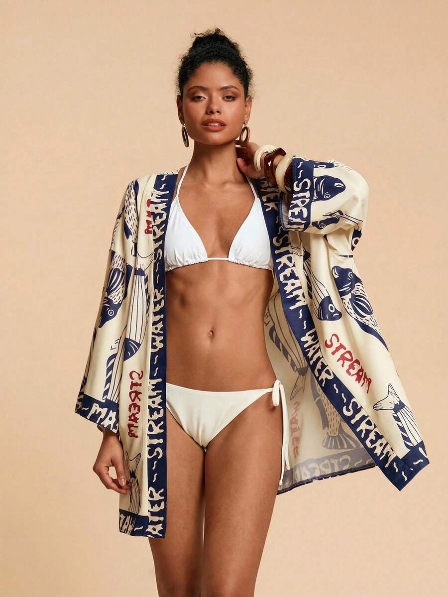 Travachic Letter & Fish Print Casual Loose Long Sleeve Kimono Cover Up,Beach,Beach Outfits For Women,Beach Set,Going Out,Vacation,Vacation Outfits Women,Holiday,Summer,Summer Clothes,Summer Outfits For Women,Party ,Going Out,Going Out Outfits,Casual,Elegant,Y2k,Flower - Blue - View 1