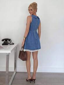 Siren Gaze 女士夏季休闲蕾丝边无袖牛仔连衣裙 - 淺色水洗藍 - 查看 4