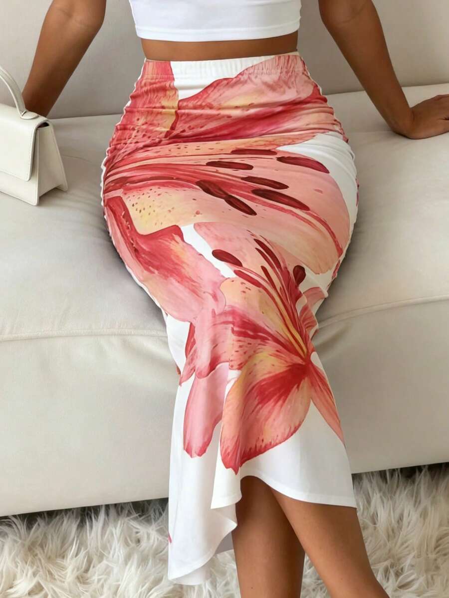 INAWLY Women's Casual Elegant Floral Print Ruched Waist A-Line Skirt