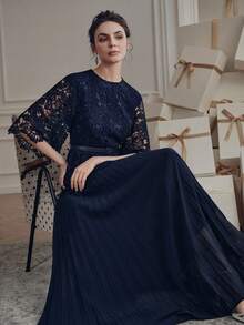 Anewsta Navy Blue New Arrival Embroidered Lace Fabric Mid-Sleeve Flare Sleeve Cinched Waist Waist Pleated Maxi Elegant Dress For Women, Spring/Summer - Navy Blue - View 7