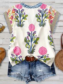 Linhara Blusa casual de mujer talla grande con estampado floral y de bloques de color, cuello en V y mangas cortas, estilo vintage elegante para ir al trabajo, vacaciones y uso diario en primavera/verano - Multicolor - Ver 2