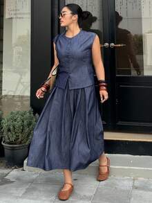 Dazy Plus Plus Size Summer Casual Front Button Blouse And Pleated Skirt 2 Pieces Set - Navy Blue - View 3