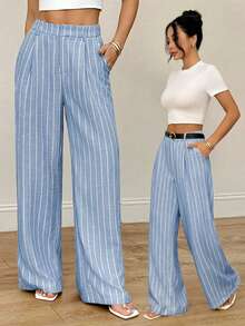 SHEIN PETITE 女士条纹长裤 夏威夷风情 女士办公套装 女士家居舒适裤 女士两件套 女士套装 秋冬款 - 藍色 - 查看 9