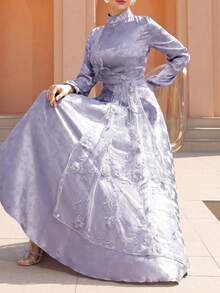 Graceveil 女士优雅提花长袖收腰喇叭阿拉伯风格连衣裙 - 灰色 - 查看 3