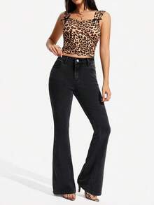 SHEIN PETITE Women Casual Street Fashionable Simple Plain Flared Jeans - Black - View 3