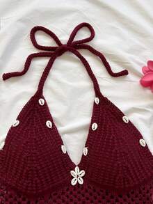 Soleia Women's Summer New Shell Decor Halter Knit Top And Shorts 2 Pieces Set - Rusty Rose - View 3