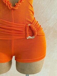 Soleia Women's Vacation Solid Color Frill Trim Hollow Out Sexy Camisole Romper - Orange - View 7